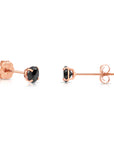 14K Rose Gold Black Onyx Round CZ Studs, Brilliant-Cut Earrings With Push-Backs, 4mm