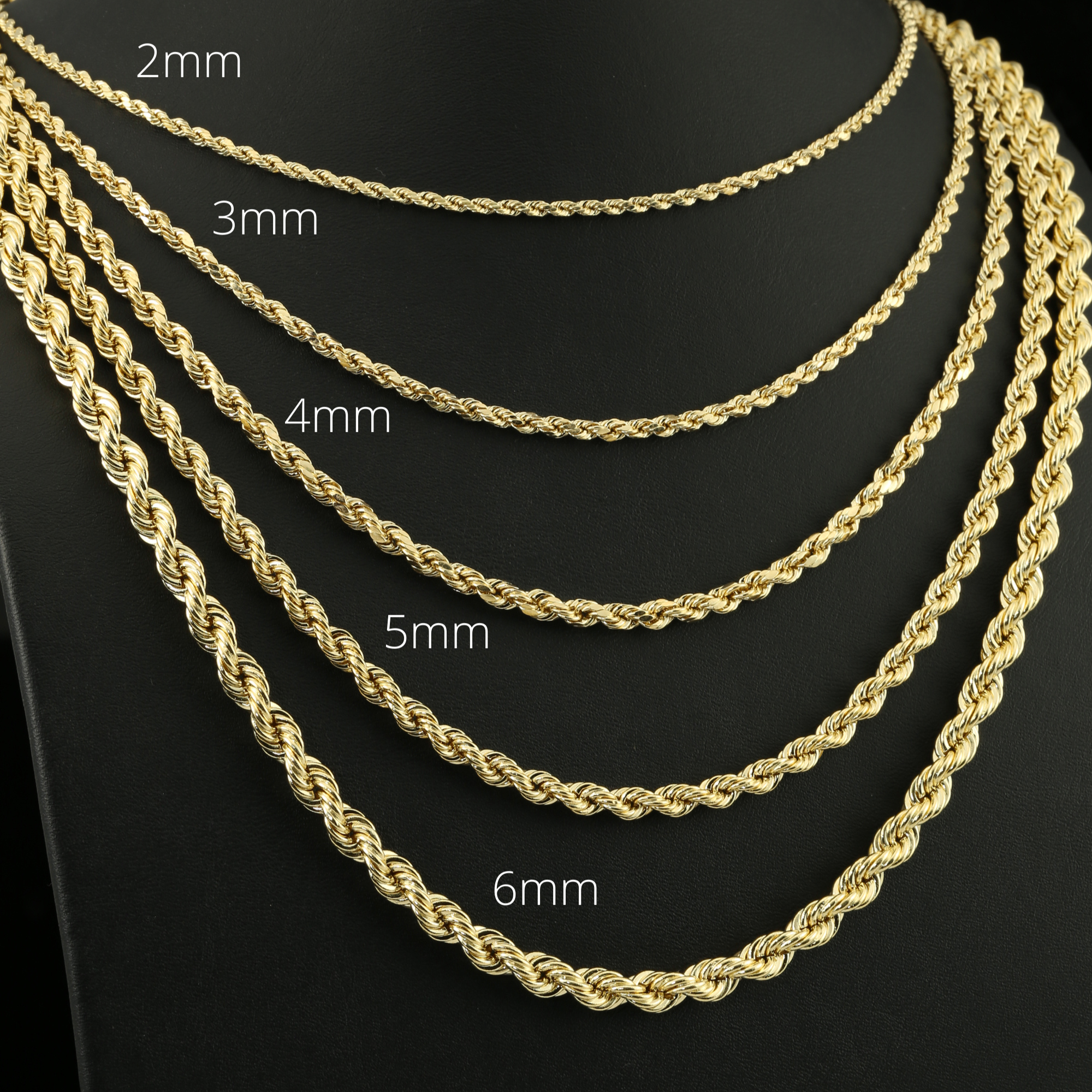 14K Yellow Gold Rope Chains, Solid 14k Gold Necklace With Secure Lobster Lock