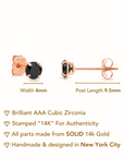 14K Rose Gold Black Onyx Round CZ Studs, Brilliant-Cut Earrings With Push-Backs, 4mm