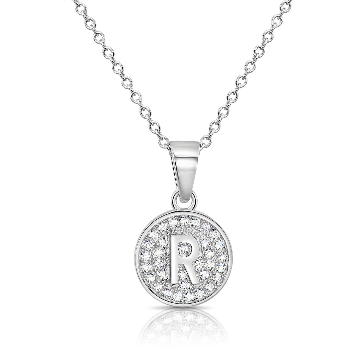 925 Sterling Silver CZ Initial Round Pendant Necklace (Letters A-Z) 16" 18"
