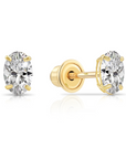 14k Solid Gold Basket Set Oval CZ Stud Earrings, With Screwbacks