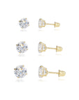 Bundle Set of 3! 14k Gold Classic Solitaire Stud Earrings, Screw-back