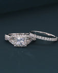 925 Sterling Silver Engagement Ring Set, 2 Carat Total, Princess Square-Cut Cubic Zirconia Ring With Halo Setting, Two Tier Stackable Ring