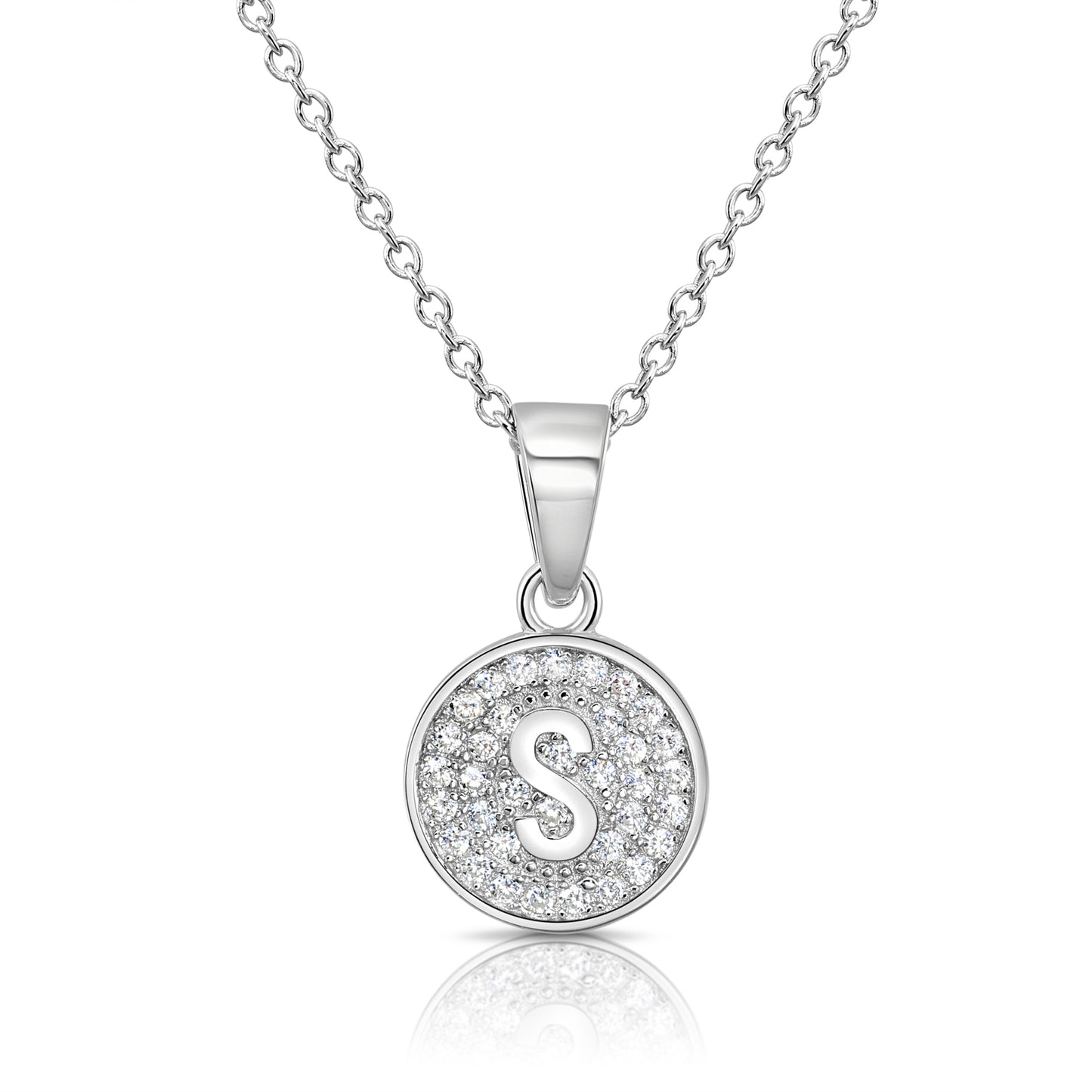925 Sterling Silver CZ Initial Round Pendant Necklace (Letters A-Z) 16" 18"