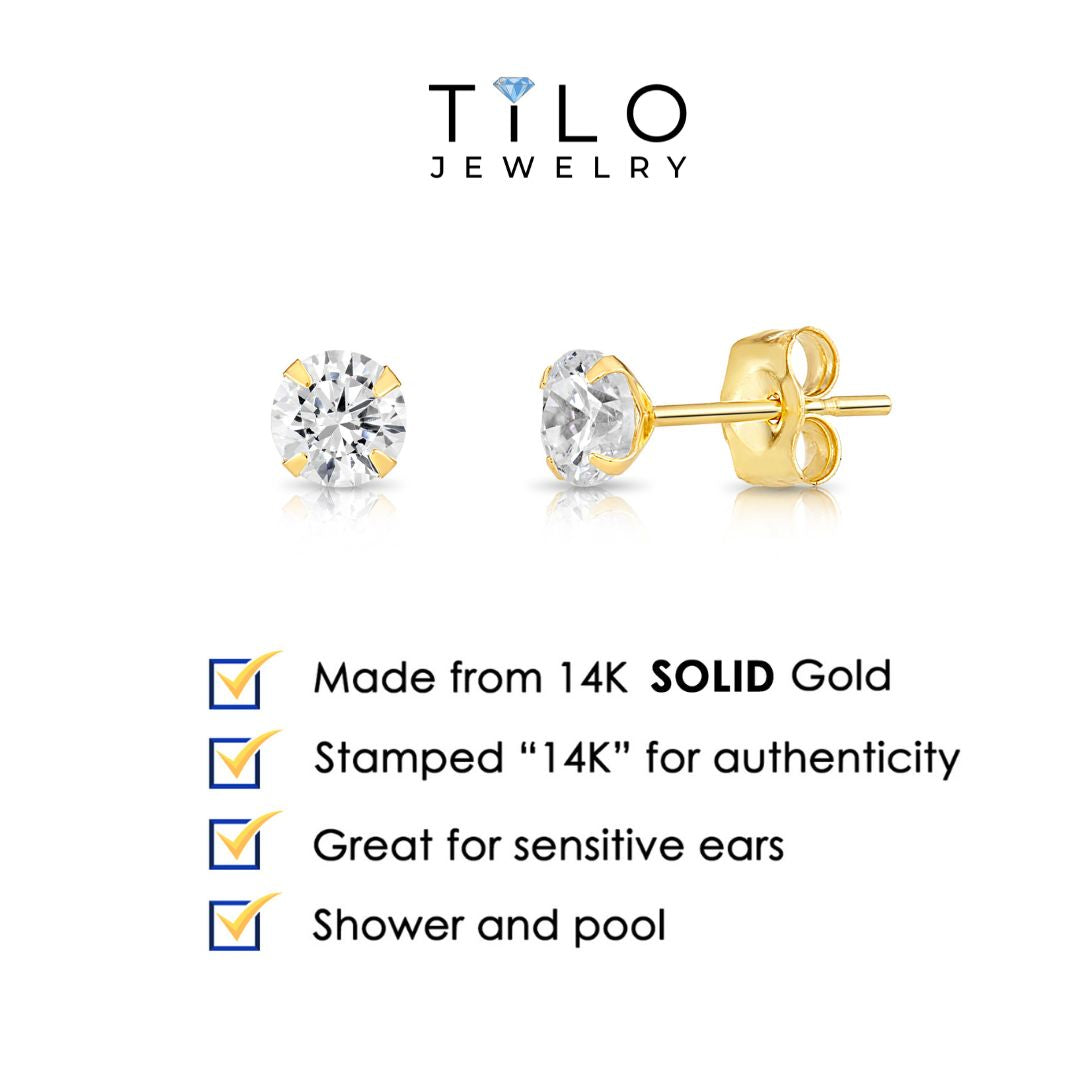14K Yellow Gold And White Gold Stamping CZ Stud Earrings, Dainty Everyday Earrings