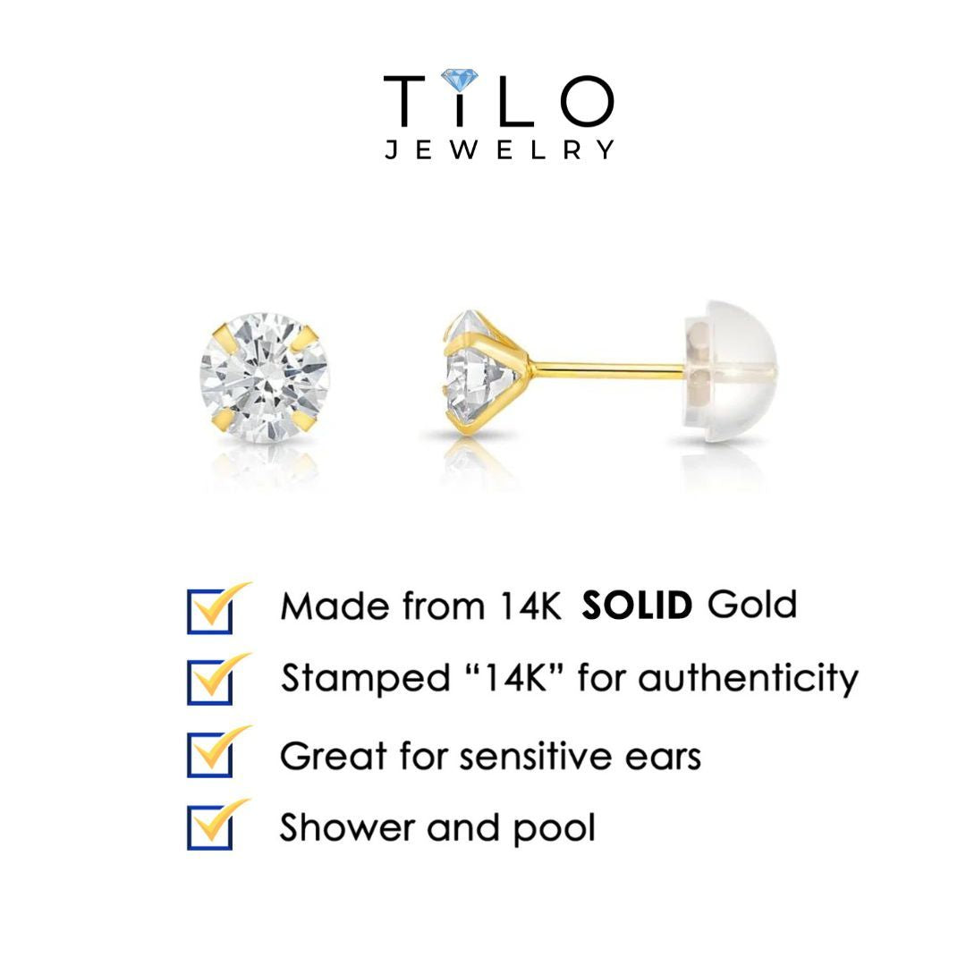 14K Yellow Gold and White Gold CZ Stud Earrings, Silicone Push-back, Uinisex.