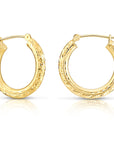 14K Yellow Gold Tornado Hoop Earrings, Diamond-Cut & Hand Engraved Design, 3mm Thin
