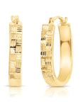 14K Yellow Gold Oval Hoop Earrings, Hand Engraved Diamond-Cut "Checkered" Pattern