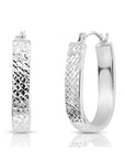 14K White Gold U-Shape Hoop Earrings, "X-Pattern" Diamond-Cuts
