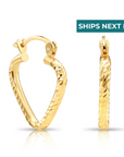 14k Yellow Gold Heart Hoop Earrings, Small Hoops with Engravings, Design