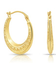 14K Yellow Gold Greek Key Curved Round Creole Hoops Earrings