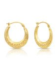 14K Yellow Gold Greek Key Curved Round Creole Hoops Earrings