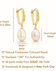 14K Gold Freshwater Pearl Drop Earrings, Huggie Design With Diamond-Cuts