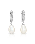 14K Gold Freshwater Pearl Drop Earrings, Huggie Design With Diamond-Cuts