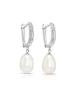 14K Gold Freshwater Pearl Drop Earrings, Huggie Design With Diamond-Cuts