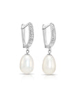14K Gold Freshwater Pearl Drop Earrings, Huggie Design With Diamond-Cuts