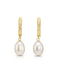 14K Gold Freshwater Pearl Drop Earrings, Huggie Design With Diamond-Cuts