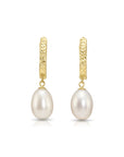 14K Gold Freshwater Pearl Drop Earrings, Huggie Design With Diamond-Cuts