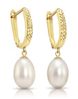 14K Gold Freshwater Pearl Drop Earrings, Huggie Design With Diamond-Cuts