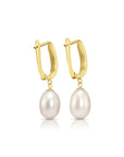 14K Gold Freshwater Pearl Drop Earrings, Huggie Design