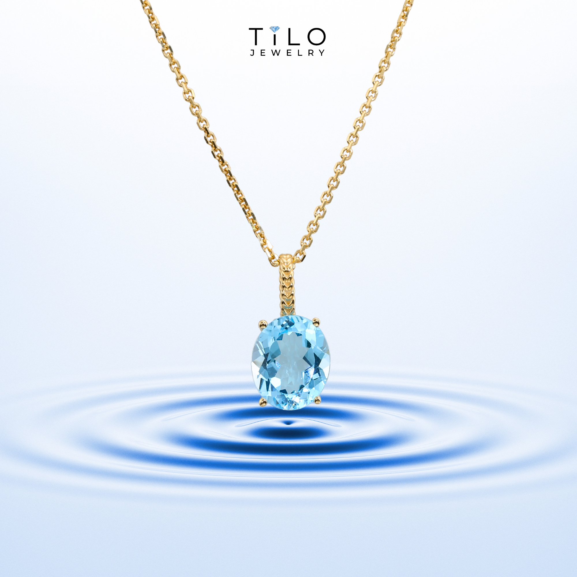 14k Yellow Gold Topaz Necklace Brilliant Sky Blue 6 Carat Oval