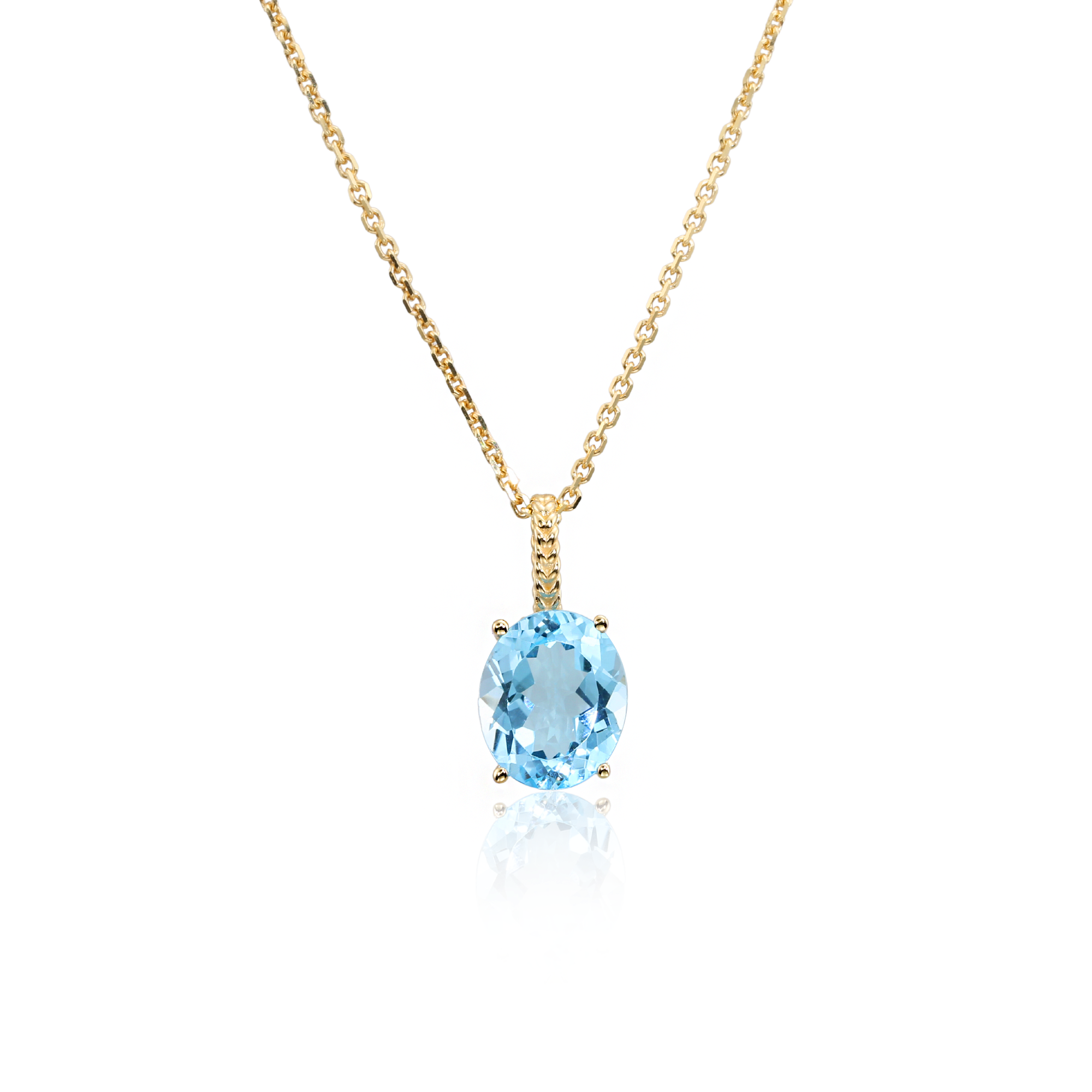 14k Yellow Gold Topaz Necklace, Brilliant Sky Blue 6 Carat Oval Shaped Topaz Gemstone Pendant