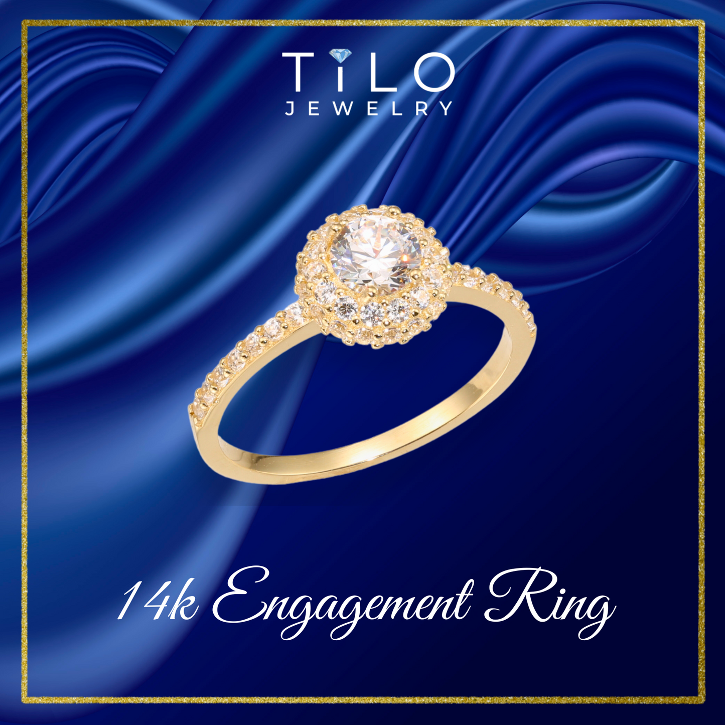14K Yellow Gold Triple Halo Dome Engagement Ring With Side Stones, By TILO Jewelry