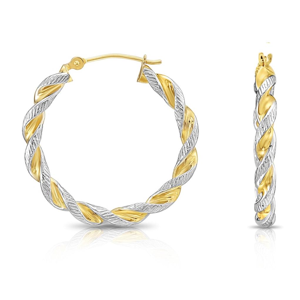 14K Gold Two-Tone Twisted Hoop Earrings With Engraved Diamond-Cuts