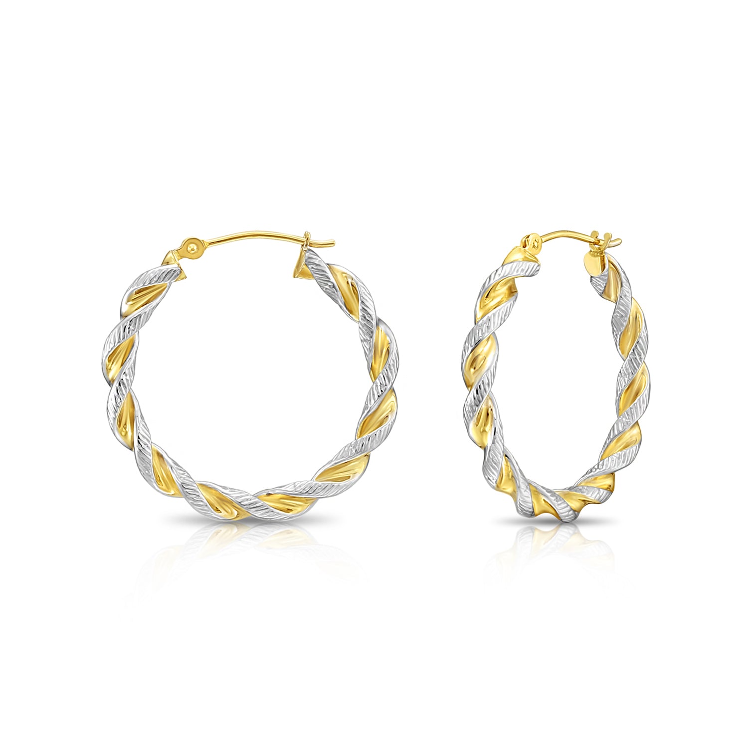 14K Gold Two-Tone Twisted Hoop Earrings With Engraved Diamond-Cuts