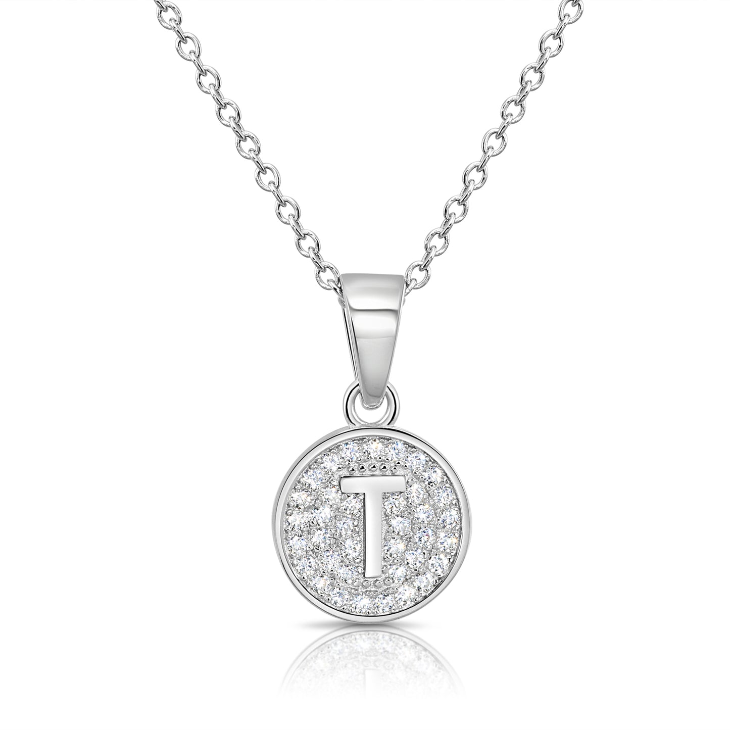 925 Sterling Silver CZ Initial Round Pendant Necklace (Letters A-Z) 16" 18"