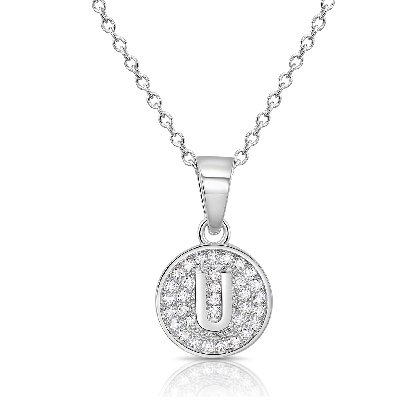 925 Sterling Silver CZ Initial Round Pendant Necklace (Letters A-Z) 16" 18"