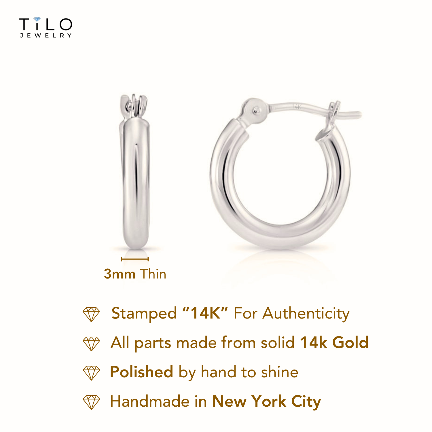 14k White Gold Chunky Hoop Earrings, 3mm Thickness – Tilo Jewelry®