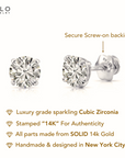 14K White Gold Classic Solitaire Simulated Diamond Studs, Screwback