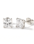 14k White Gold Square Zirconia Stud Earrings with Butterfly Pushbacks, Unisex Design, Princess Cut Studs
