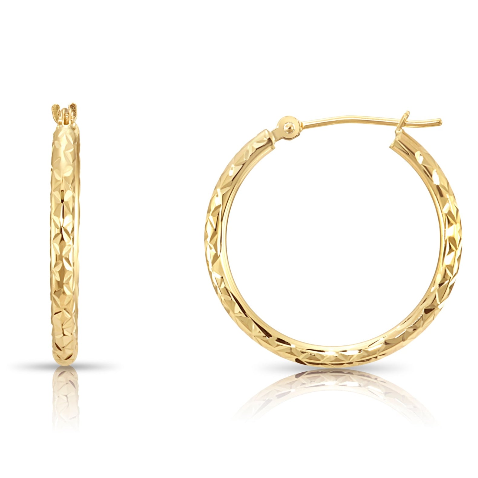 14K Yellow Gold X Pattern Diamond Cut Hoop Earrings