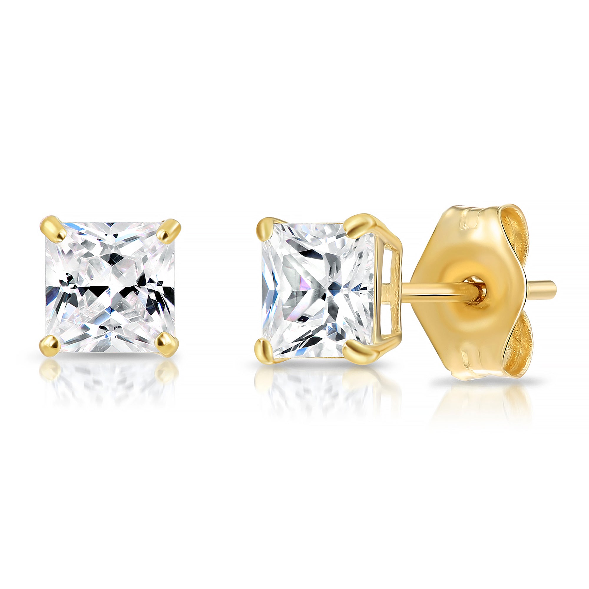 14k Yellow Gold Square Zirconia Stud Earrings with Butterfly Pushbacks, Unisex