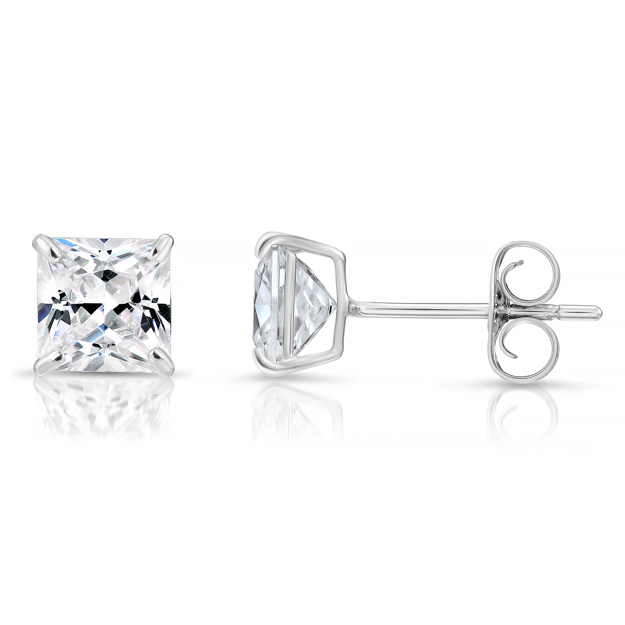 14k White Gold Square Zirconia Stud Earrings with Butterfly Pushbacks, Unisex Design, Princess Cut Studs