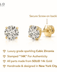 14K Yellow Gold Classic Solitaire Simulated Diamond Studs, Screwback