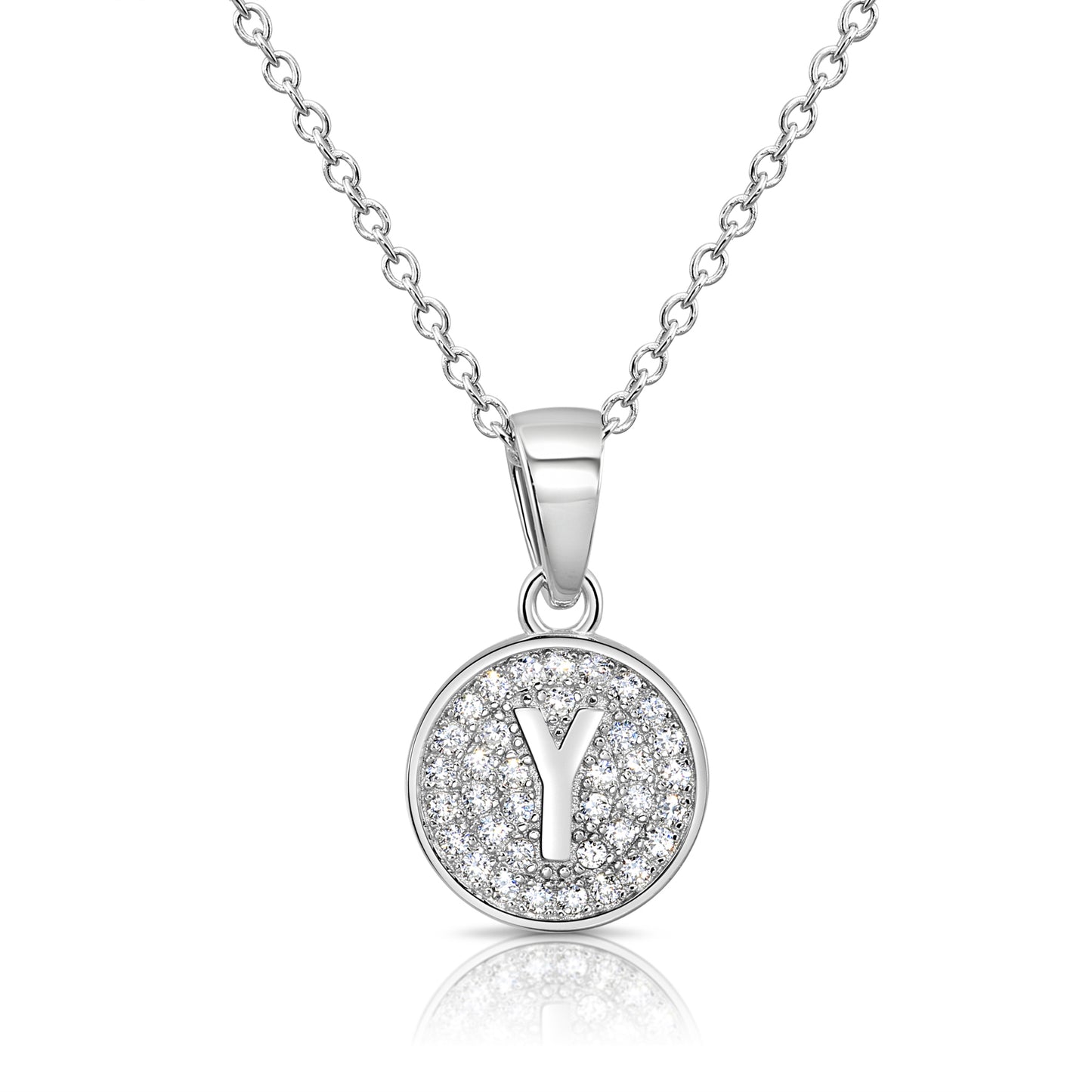 925 Sterling Silver CZ Initial Round Pendant Necklace (Letters A-Z) 16" 18"