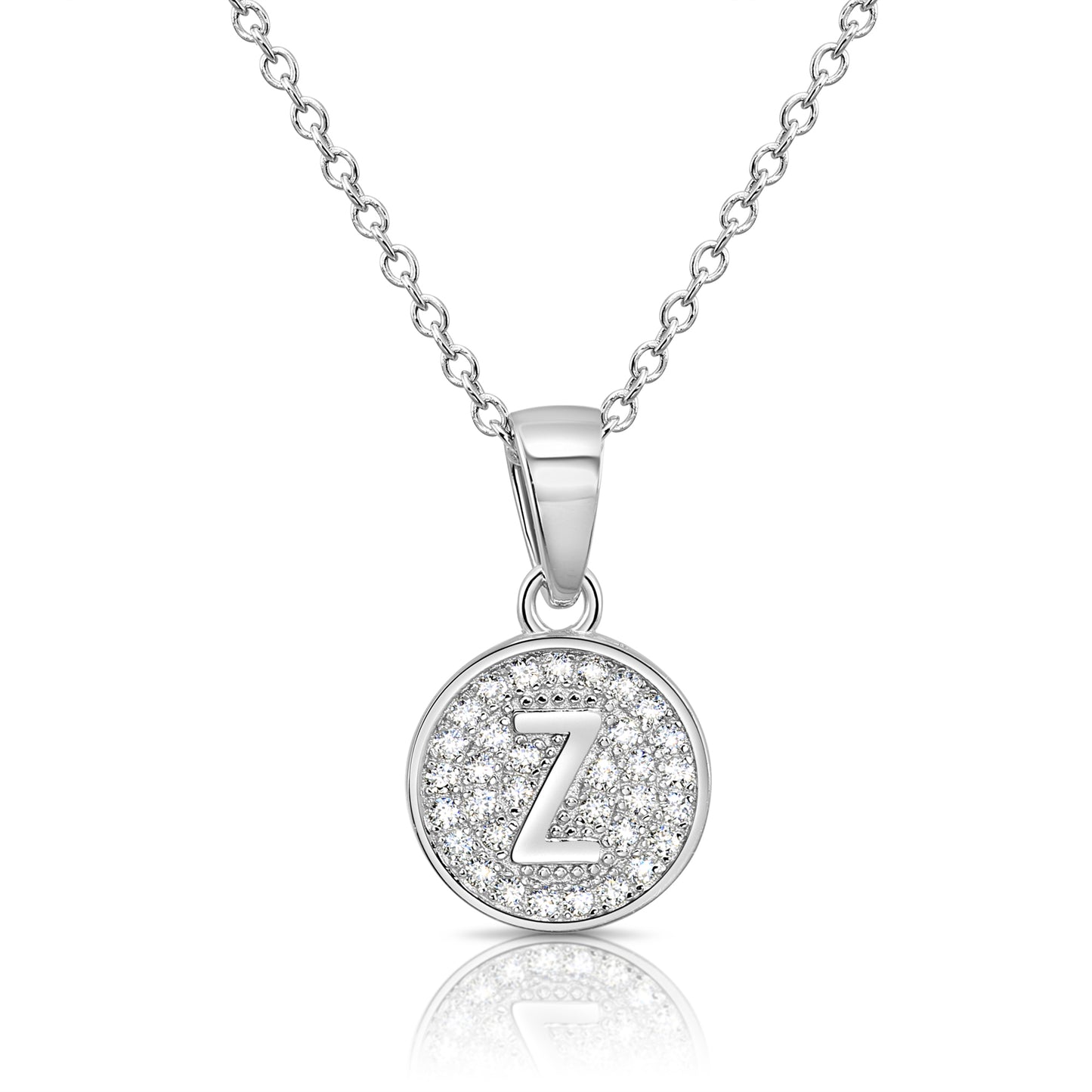 925 Sterling Silver CZ Initial Round Pendant Necklace (Letters A-Z) 16" 18"