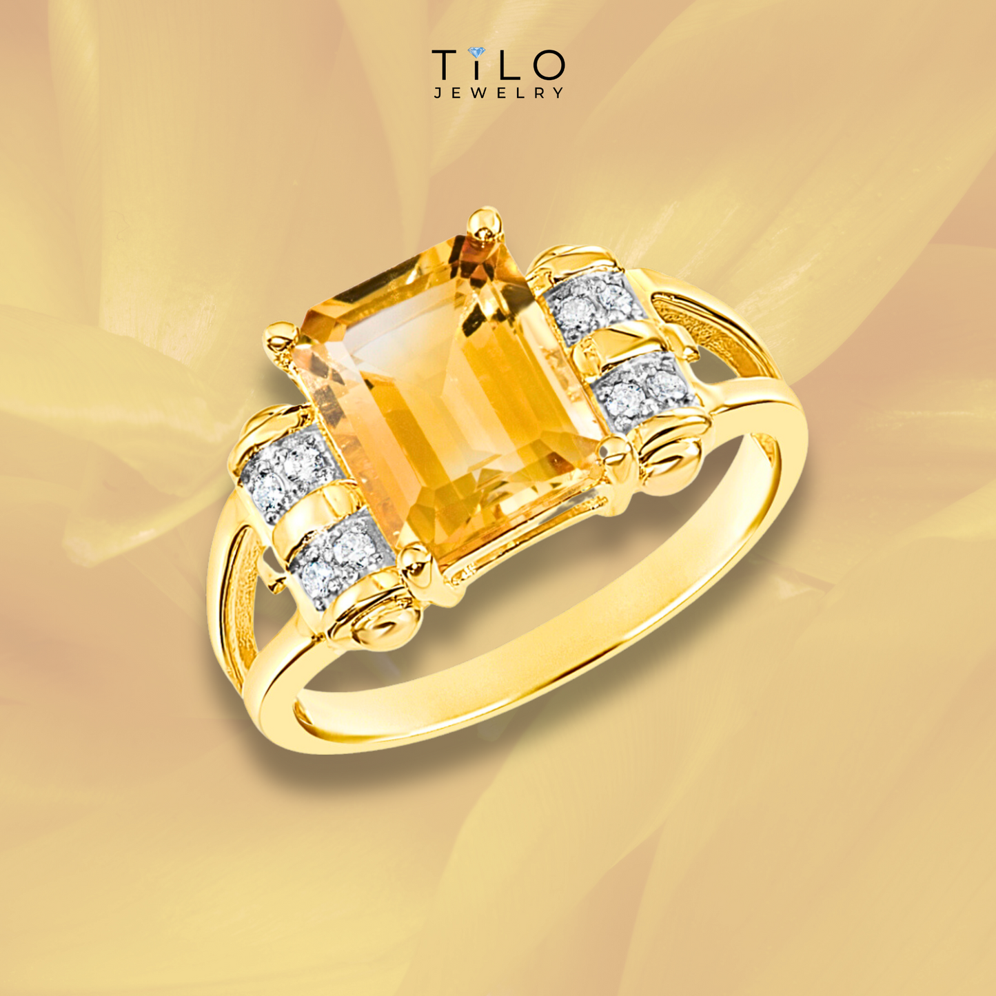 Natural Citrine Gemstone Ring, 14k Gold Ring with Natural Diamonds
