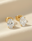 14k Solid Gold Basket Set Oval CZ Stud Earrings, With Pushbacks