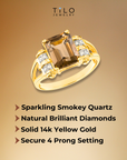 Natural Smokey Quartz Gemstone Ring, 14k Gold Ring with Natural Diamonds