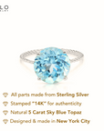 Sterling Silver Sky Blue Topaz Ring, Five Carat Natural Gemstone, 925 Twist Rope Design, "Ms. Luscious"