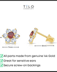 14K Yellow Gold Large Flower Halo CZ Birthstone Stud Earrings, Available in 12 Colors