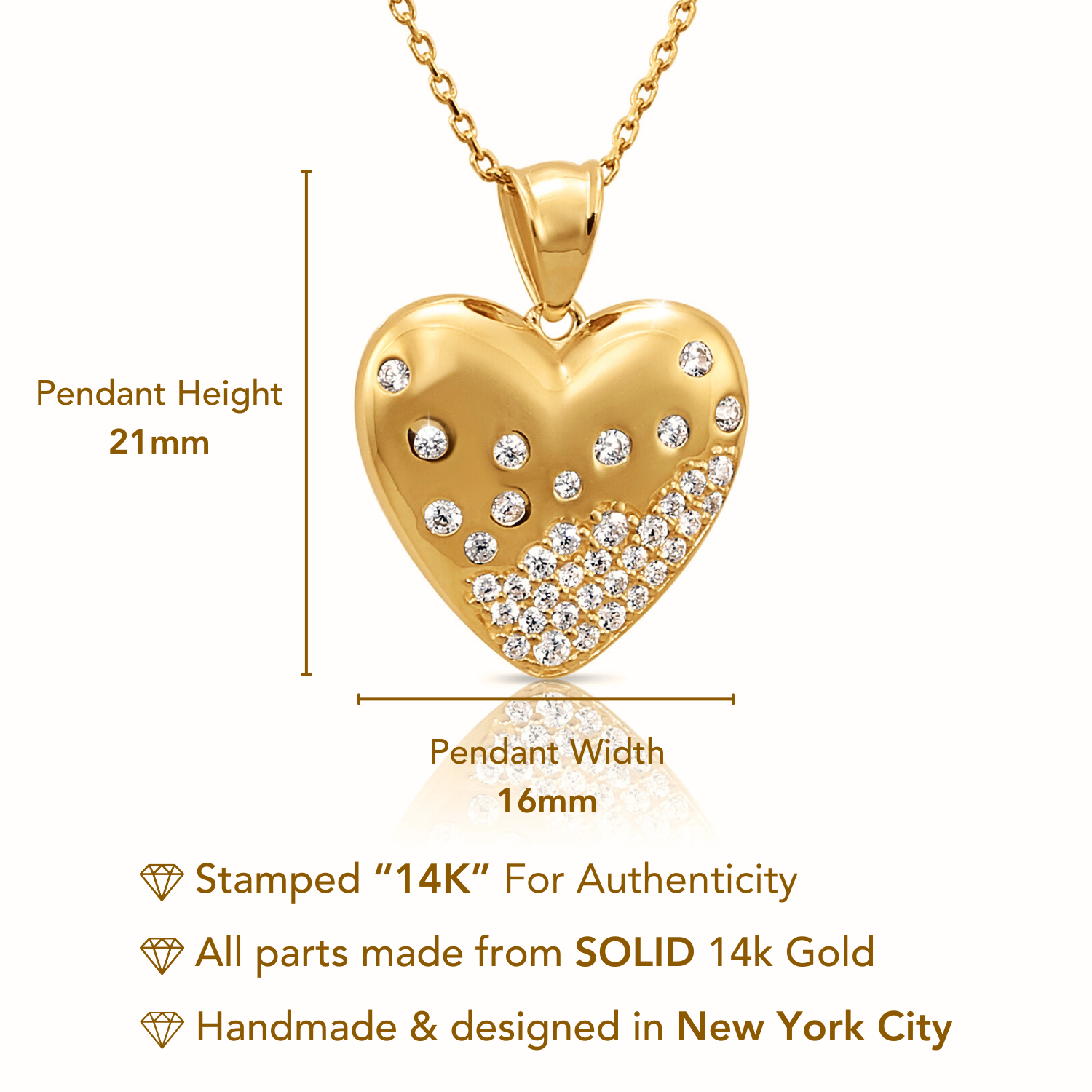 14K Solid Yellow Gold Heart Pendant, With 18" Cable Chain Necklace