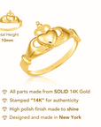 14K Solid Yellow Gold Claddagh Ring, Heart With Crown Design