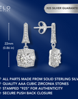 925 Sterling Silver Drop Dangle Earrings, Halo CZ Cushion Design, With Push-Backs