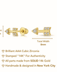 14k Solid Yellow Gold Tiny CZ Arrow Studs, With Screw on Screwbacks