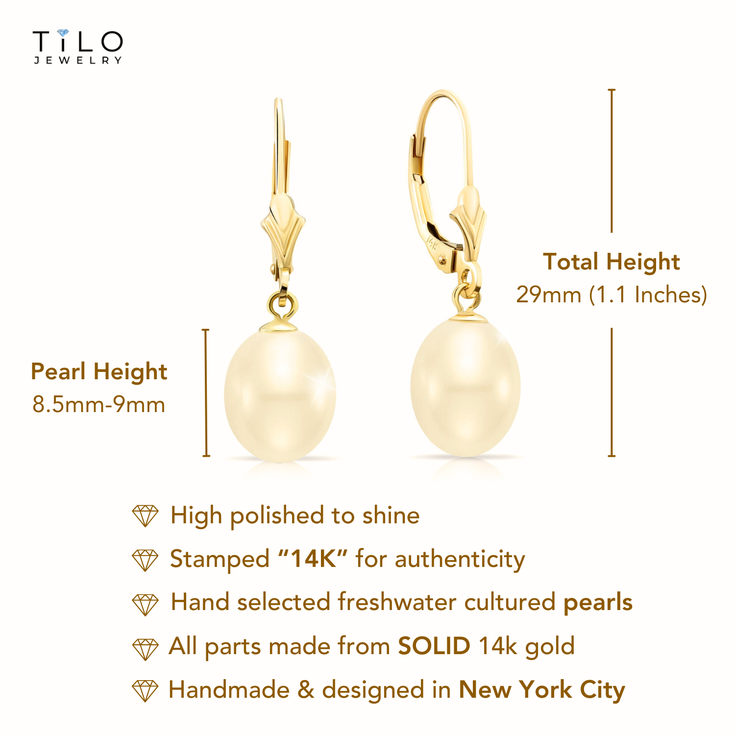 14K Gold Freshwater Pearl Drop Dangle Leverback Earrings